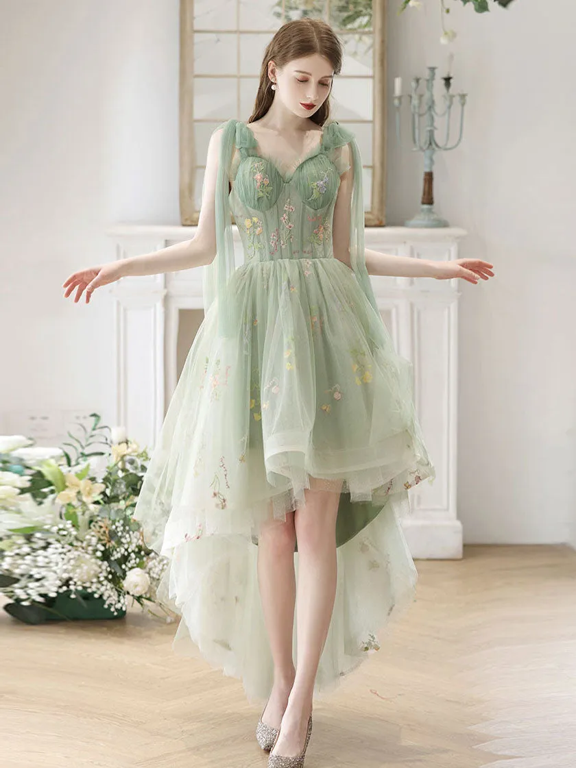 A-Line High Low Green Lace Short Prom Dress, Green Lace Homecoming Dress