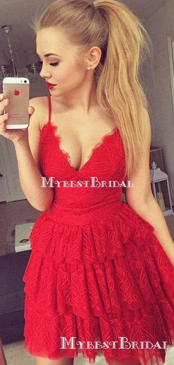 A-line V-neck Spaghetti Strap Red Lace Short Cheap Homecoming Dresses, HDS0030