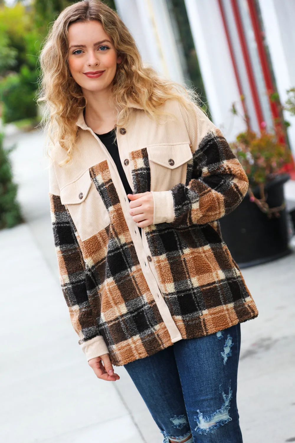 Adorable Taupe Corduroy & Plaid Sherpa Button Jacket