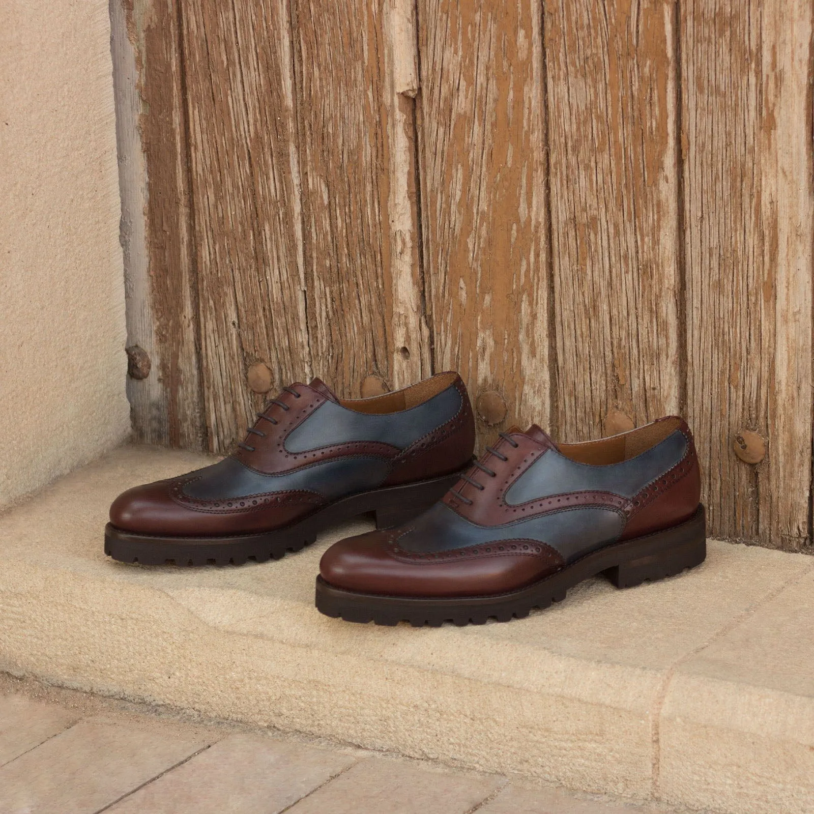 Ambrogio Bespoke Custom Women's Custom Made Shoes Burgundy & Navy Calf-Skin Leather Wingtip Oxfords (AMBW1084)