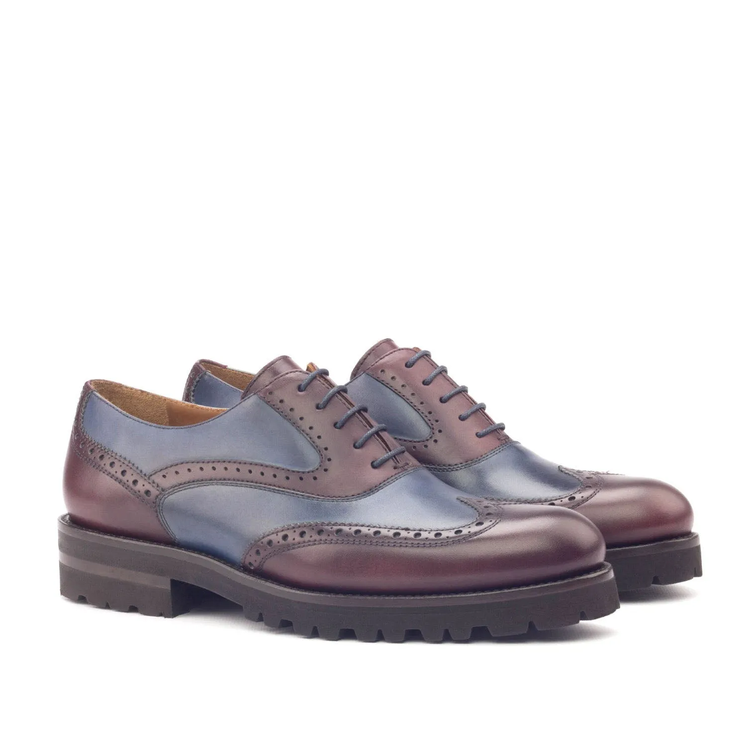 Ambrogio Bespoke Custom Women's Custom Made Shoes Burgundy & Navy Calf-Skin Leather Wingtip Oxfords (AMBW1084)