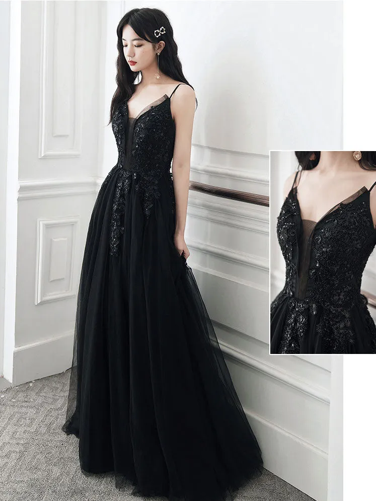 Black Long Prom Dresses, Aline Black Formal Graduation Dresses