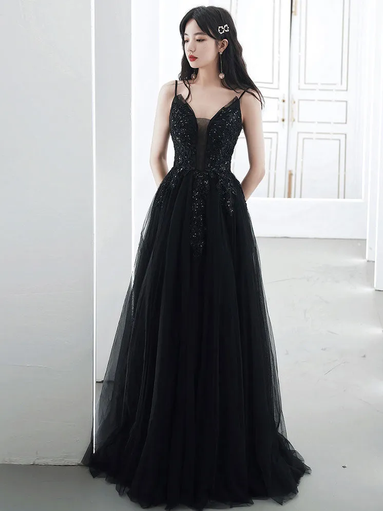 Black Long Prom Dresses, Aline Black Formal Graduation Dresses