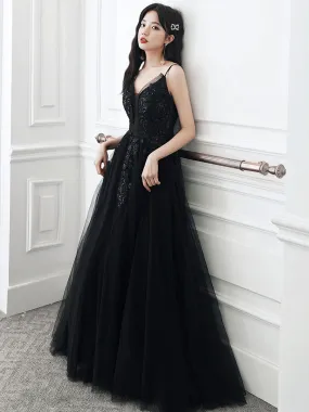 Black Long Prom Dresses, Aline Black Formal Graduation Dresses