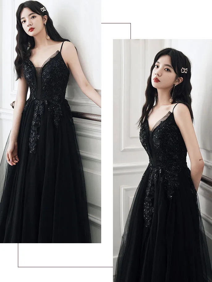 Black Long Prom Dresses, Aline Black Formal Graduation Dresses