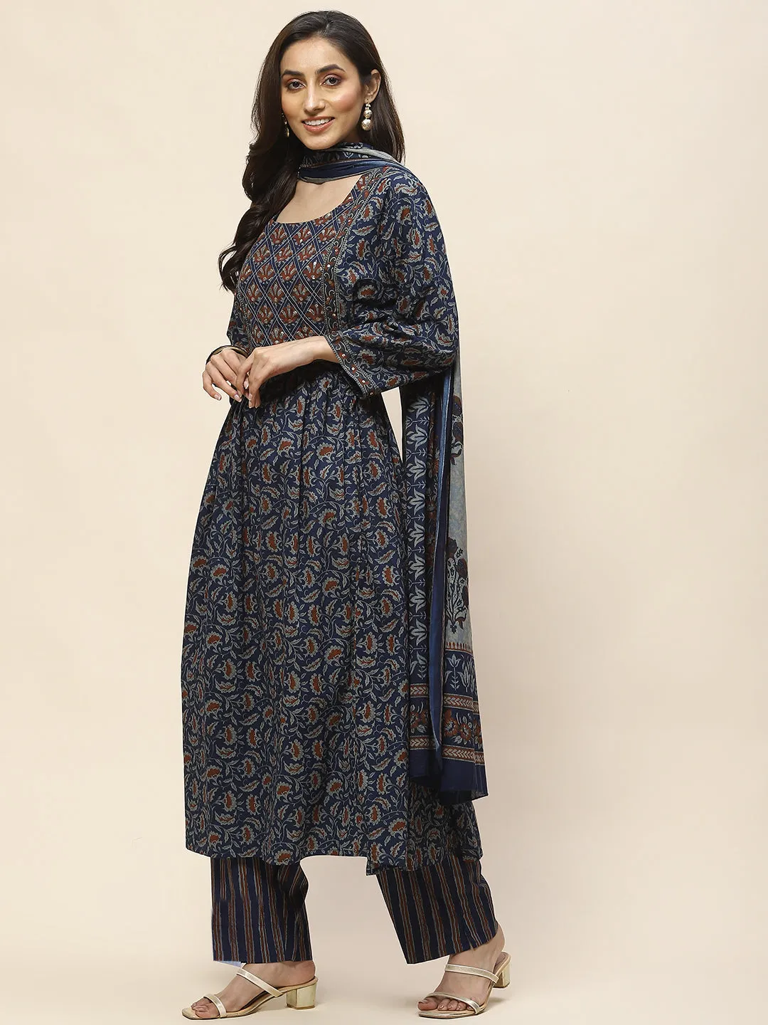 Block Print Cotton Suit Set With Dupatta