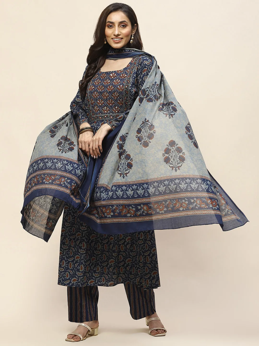 Block Print Cotton Suit Set With Dupatta