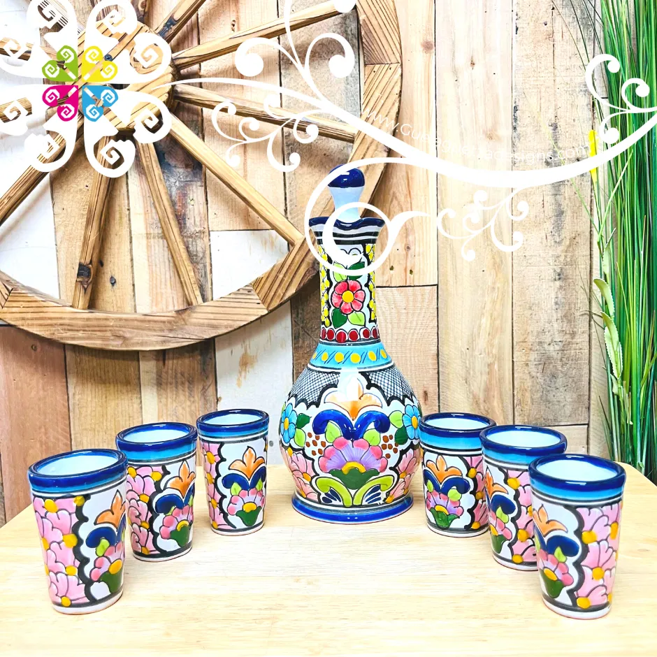 Blue Floral Bouquet Talavera Set Tequilero