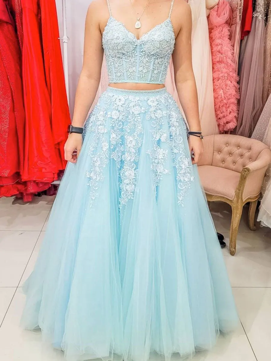 Blue tulle lace two pieces long prom dress, blue evening dress