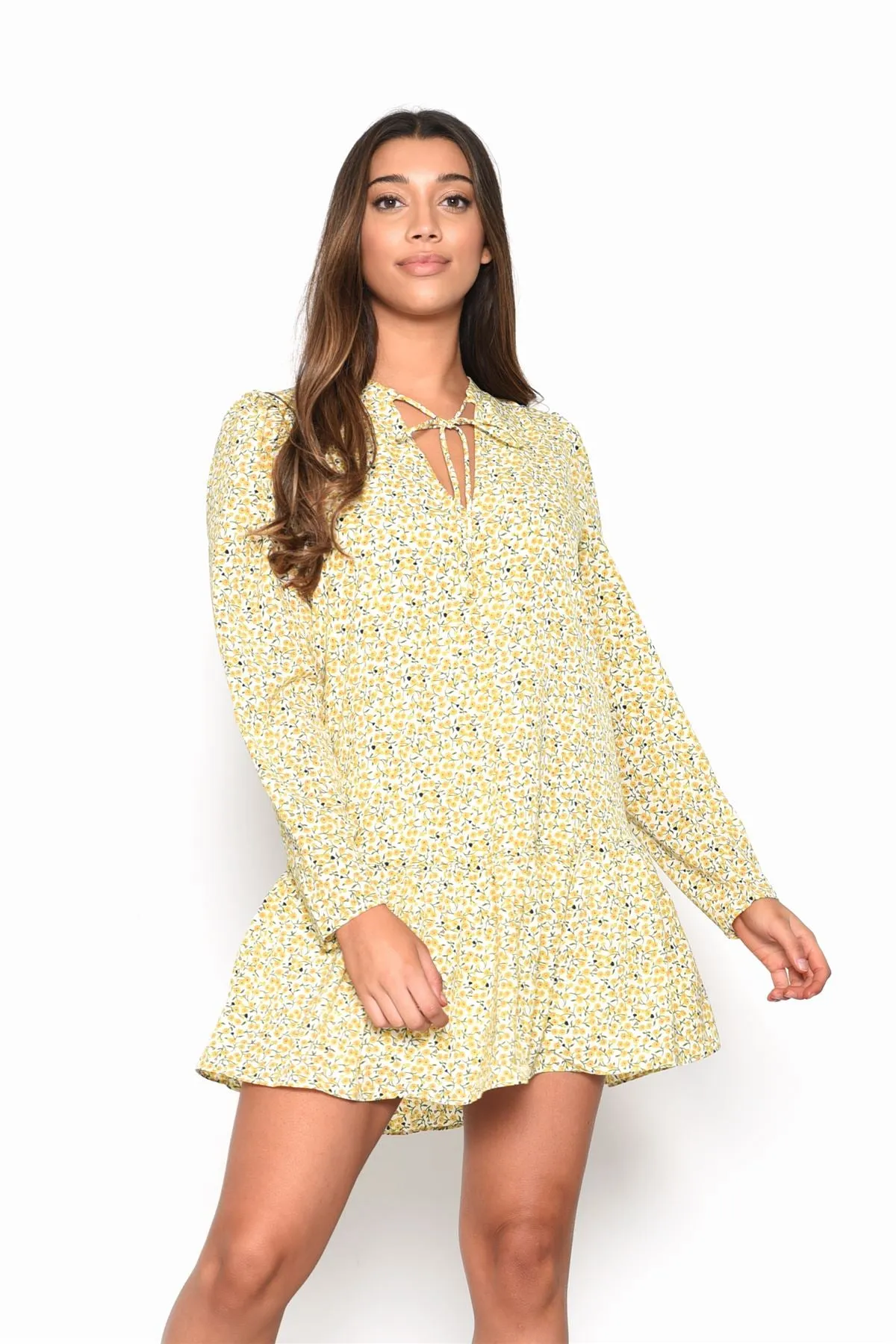 Citron Daisy Floral Long Sleeve Smock Dress