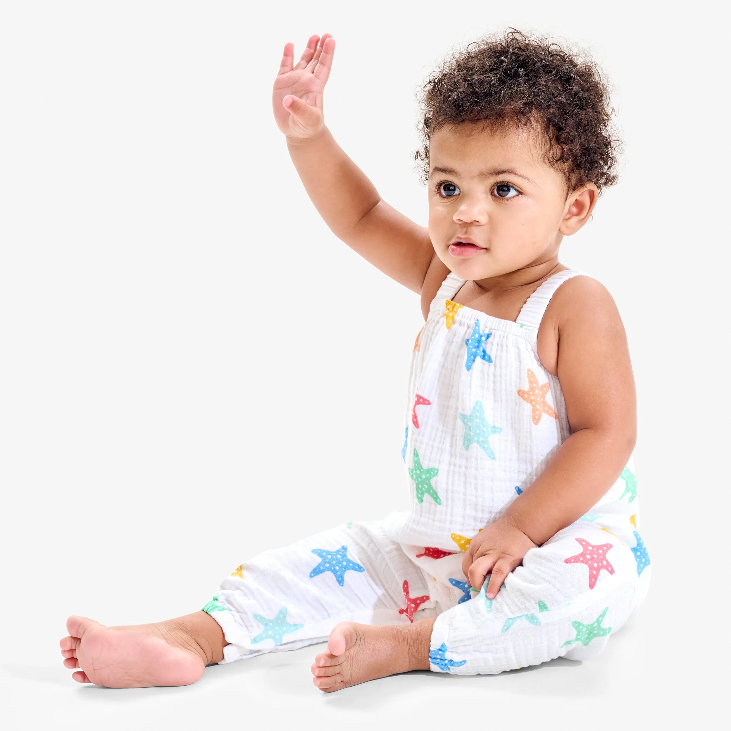 Clearance baby cotton gauze tank romper in rainbow starfish