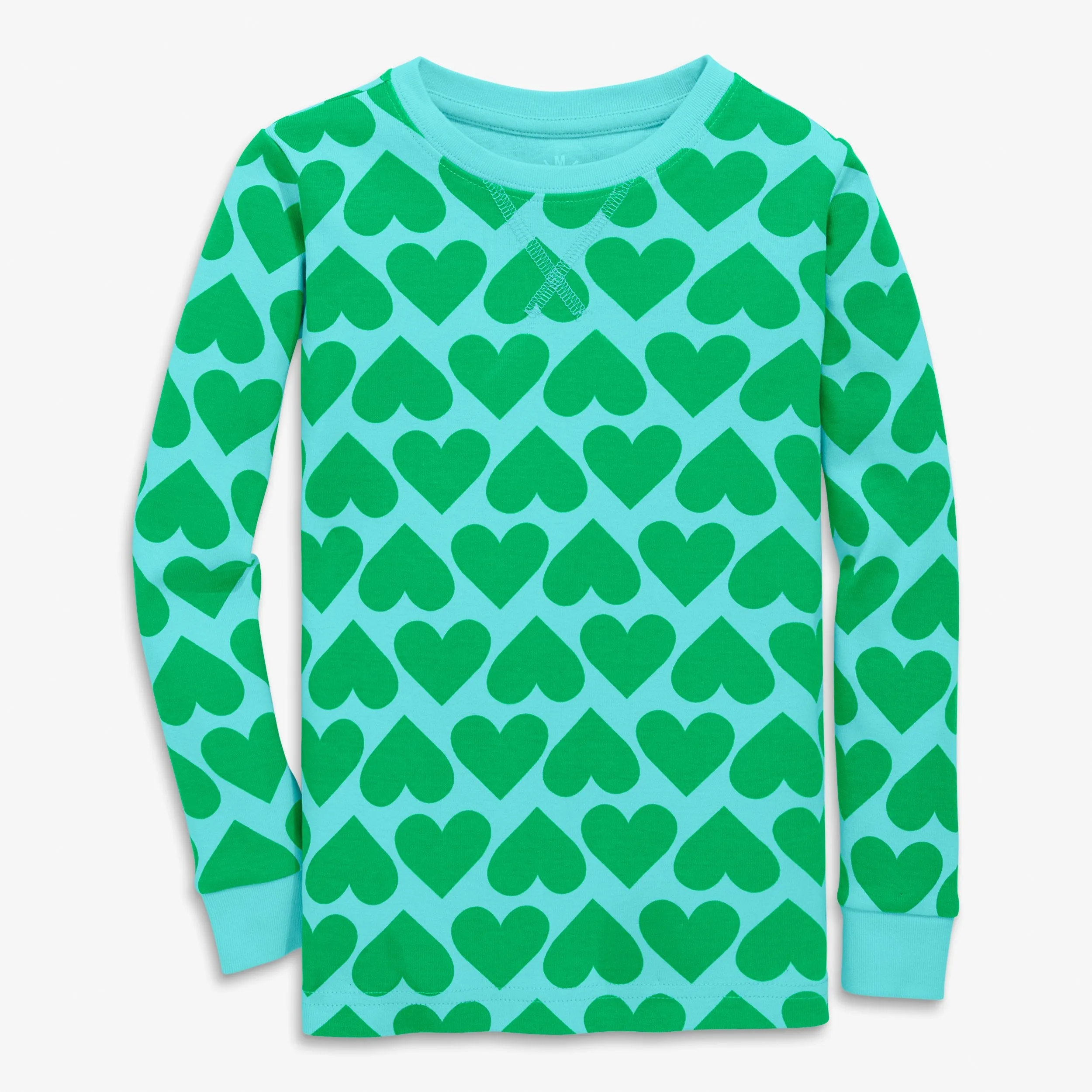 Clearance kids organic long sleeve pj top in bold green heart