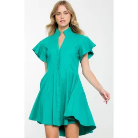 Donna Aqua Flutter Sleeve Button Up THML Dress