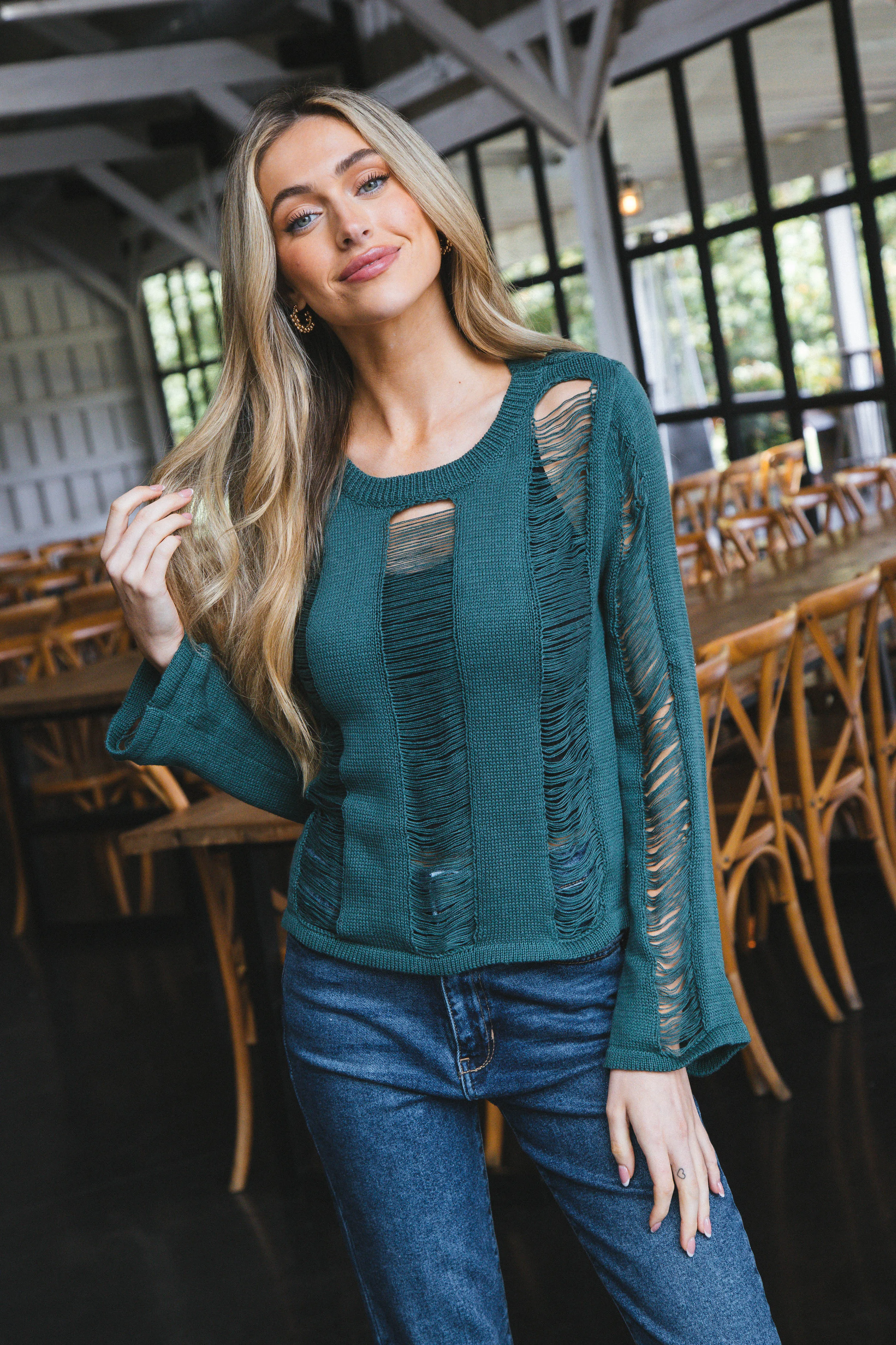 Edith Boat Neck Distressed Sweater, Dark Green