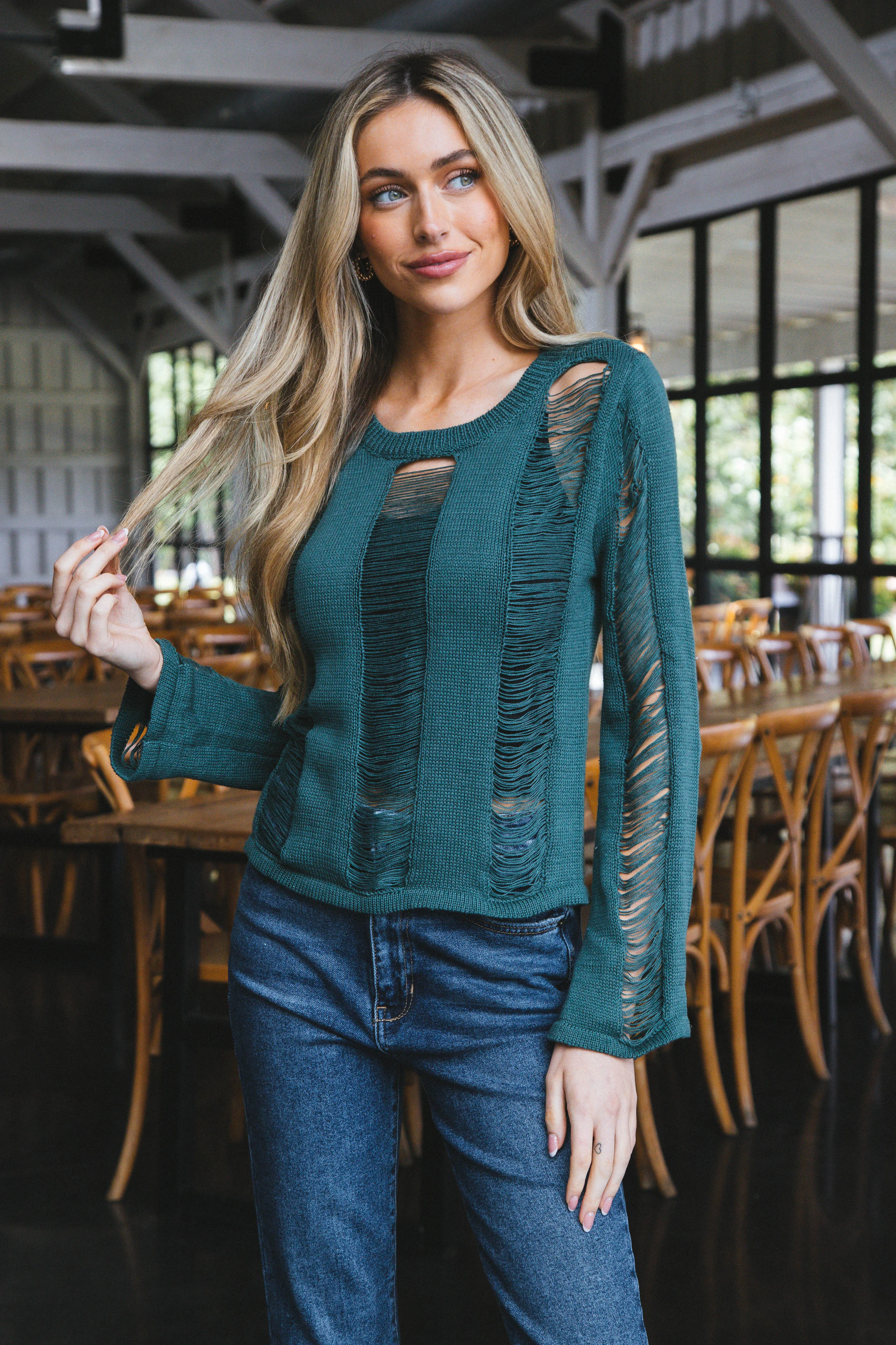 Edith Boat Neck Distressed Sweater, Dark Green