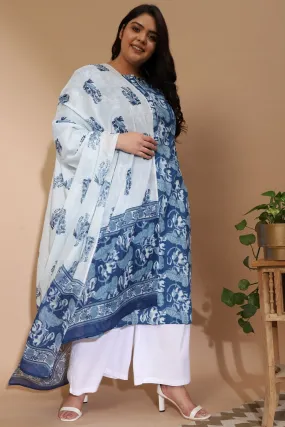 Floral Blue Border Printed Dupatta