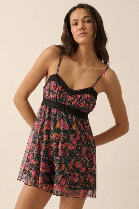 Floral Mesh Sweetheart Neck Romper