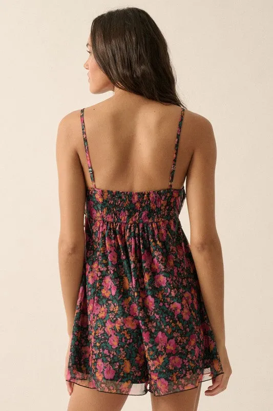 Floral Mesh Sweetheart Neck Romper