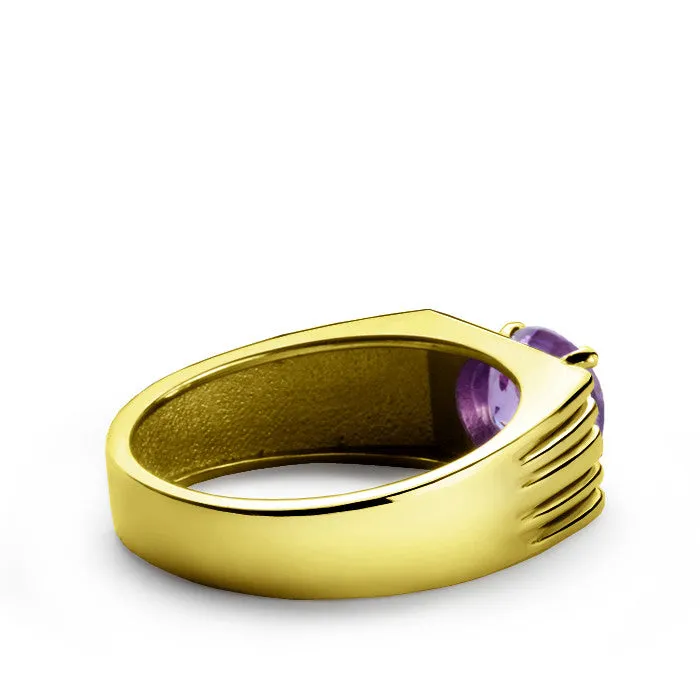 Men's Ring in 14k Yellow Gold with Amethyst Gemstone and Diamonds