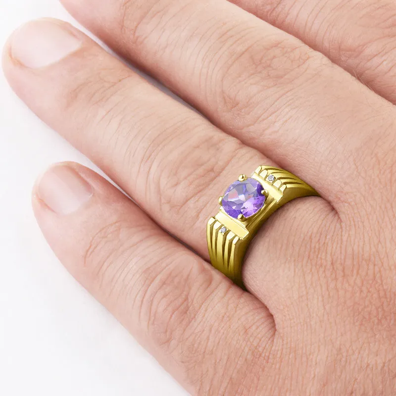 Men's Ring in 14k Yellow Gold with Amethyst Gemstone and Diamonds