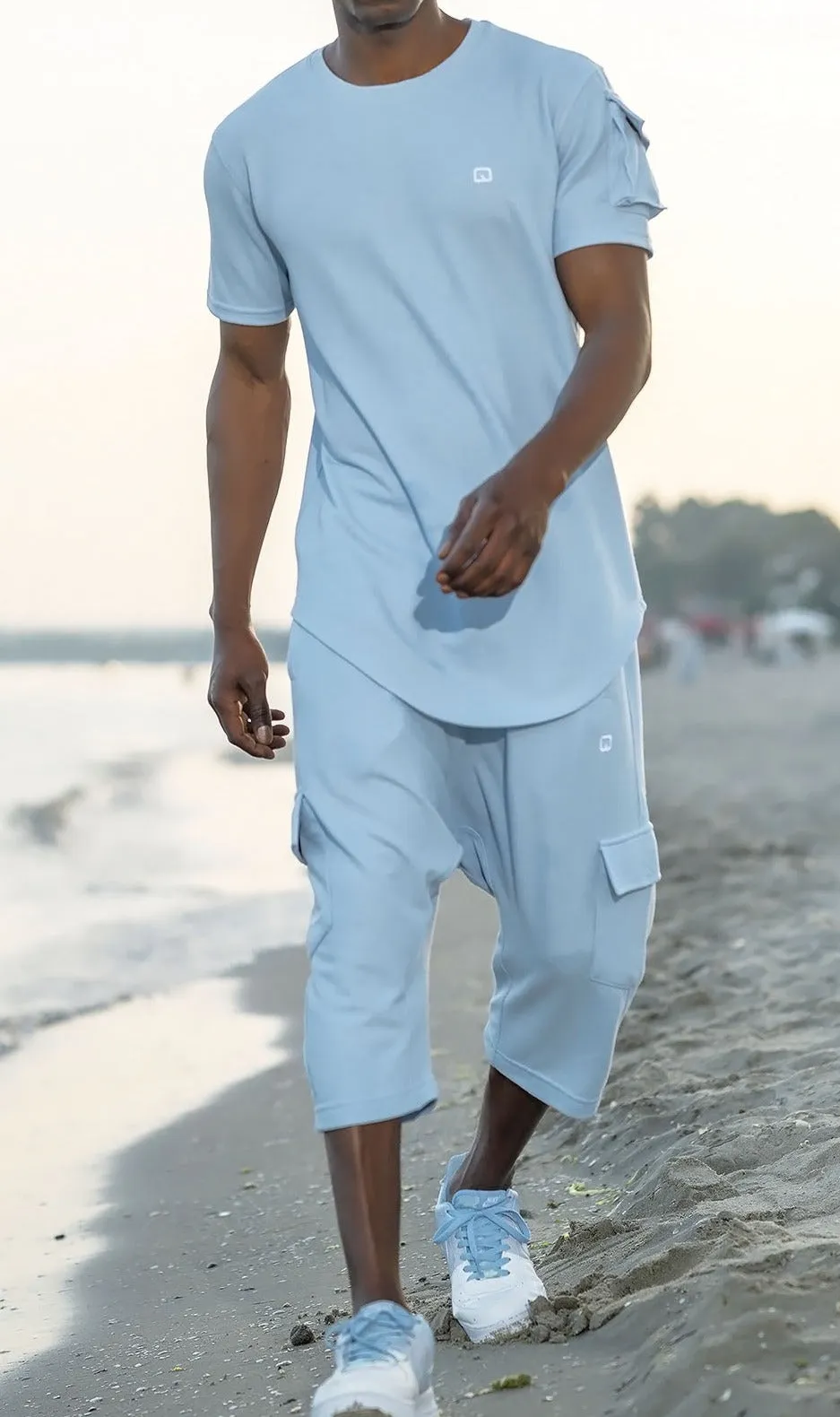 QL IGO Relaxed Cargo Shorts and T-Shirt Set in Sky Blue