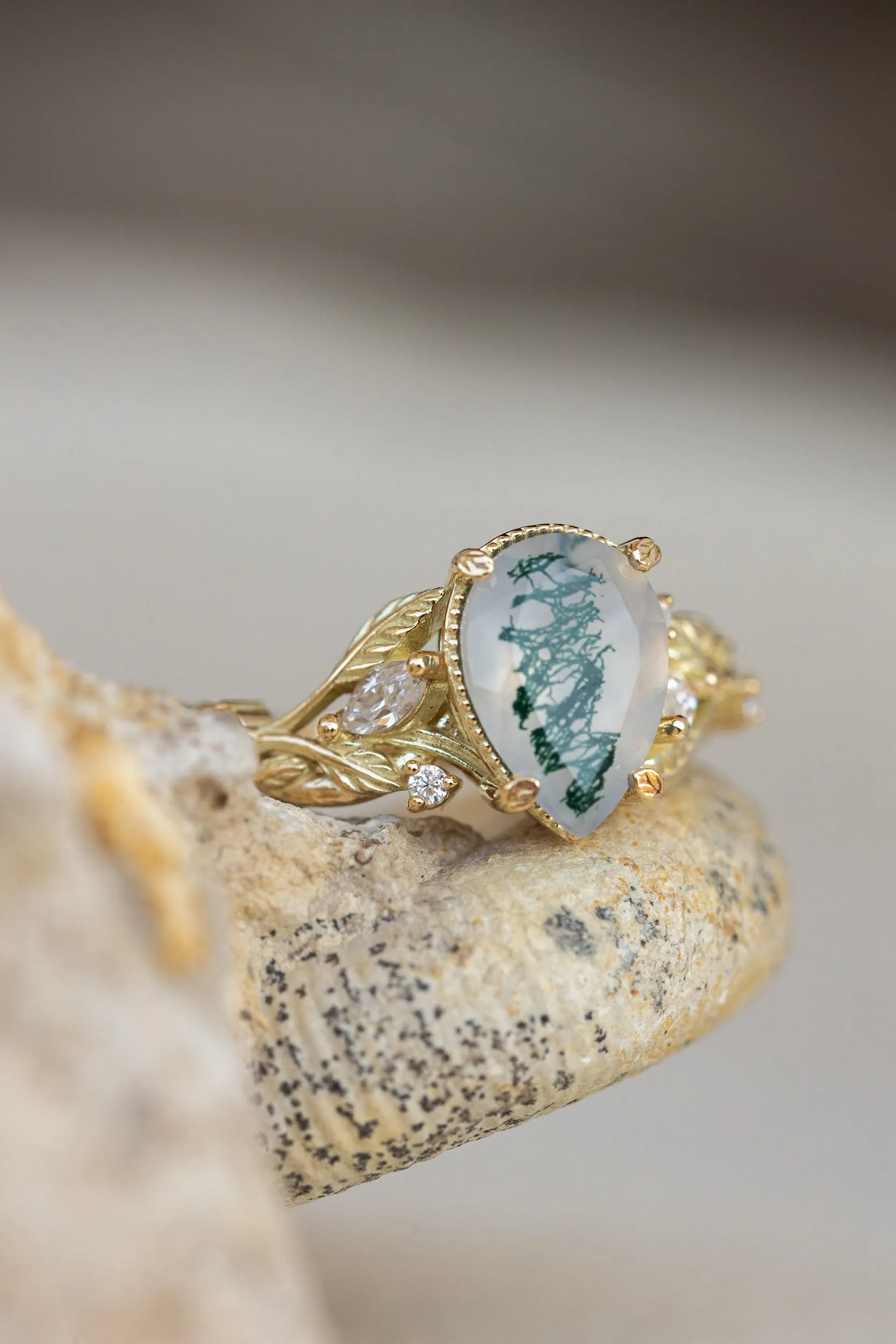 READY TO SHIP: Patricia ring in 14K yellow gold, natural moss agate pear cut 10x7 mm, accent moissanites, AVAILABLE RING SIZES: 5.25-7.25US