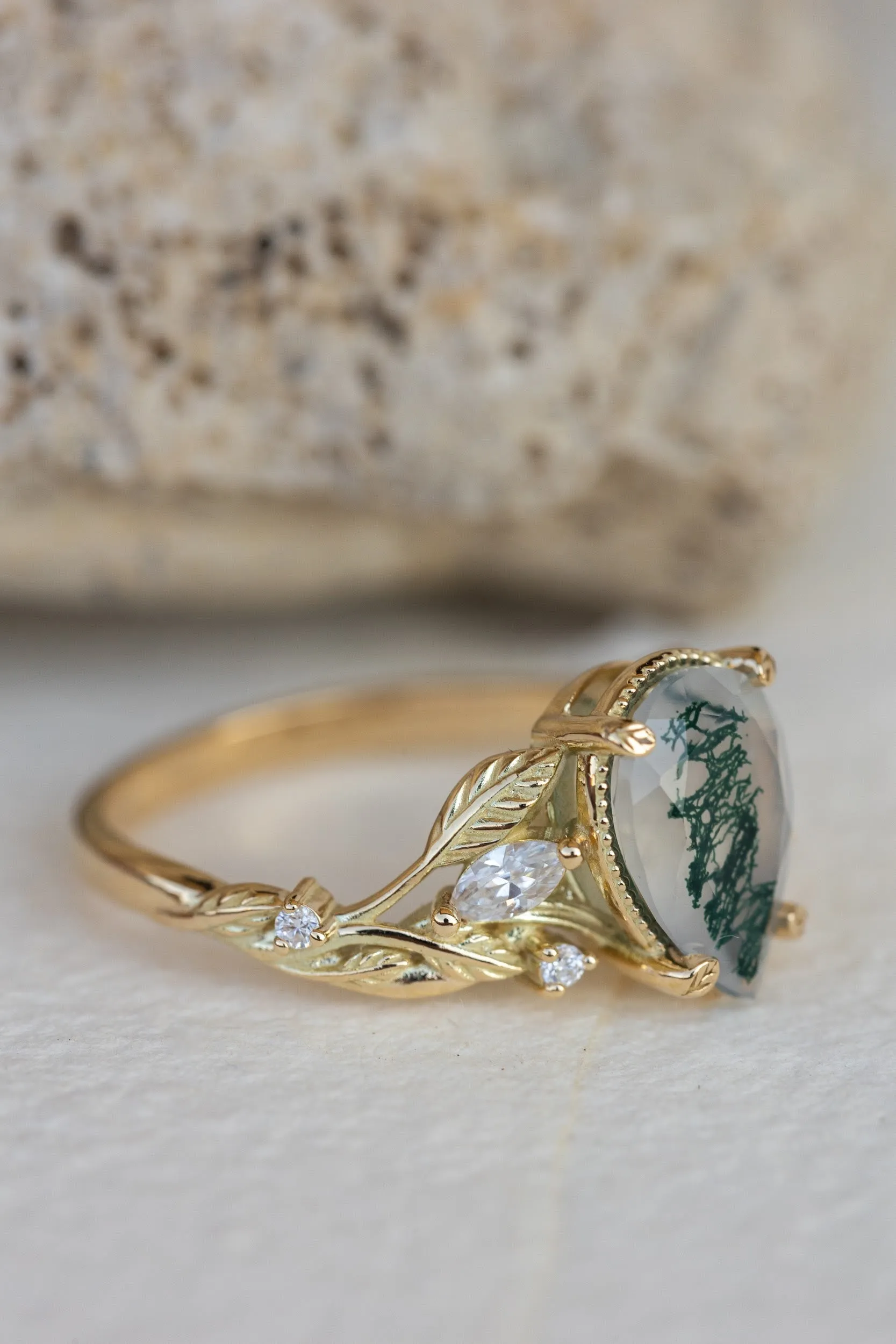 READY TO SHIP: Patricia ring in 14K yellow gold, natural moss agate pear cut 10x7 mm, accent moissanites, AVAILABLE RING SIZES: 5.25-7.25US