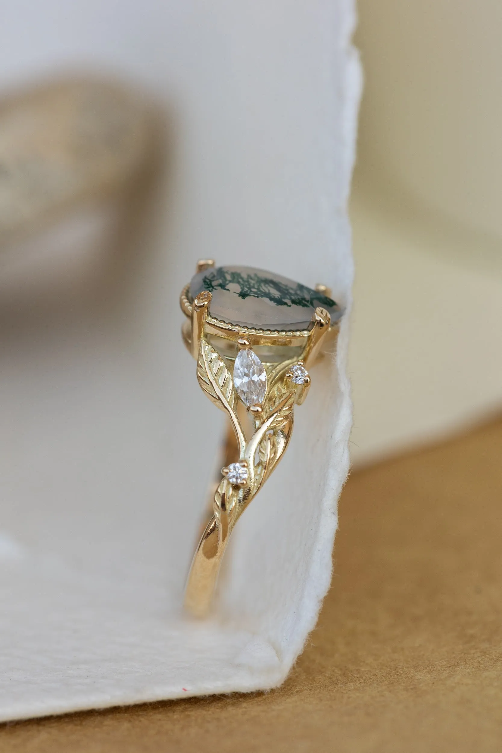 READY TO SHIP: Patricia ring in 14K yellow gold, natural moss agate pear cut 10x7 mm, accent moissanites, AVAILABLE RING SIZES: 5.25-7.25US