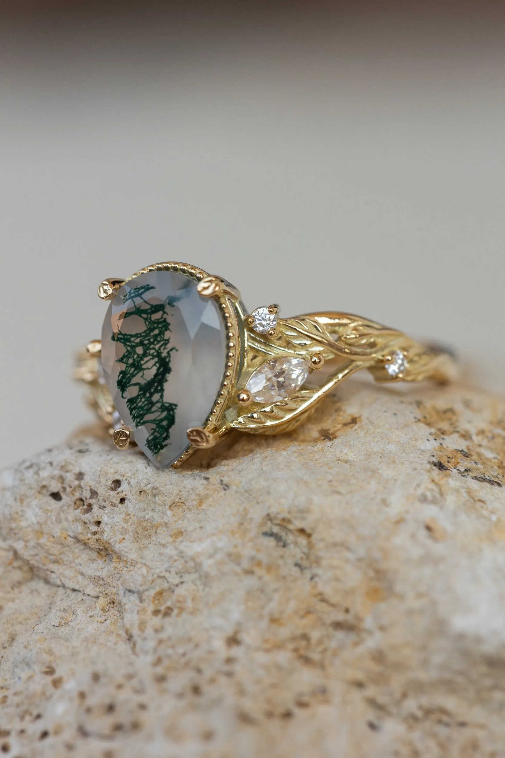 READY TO SHIP: Patricia ring in 14K yellow gold, natural moss agate pear cut 10x7 mm, accent moissanites, AVAILABLE RING SIZES: 5.25-7.25US