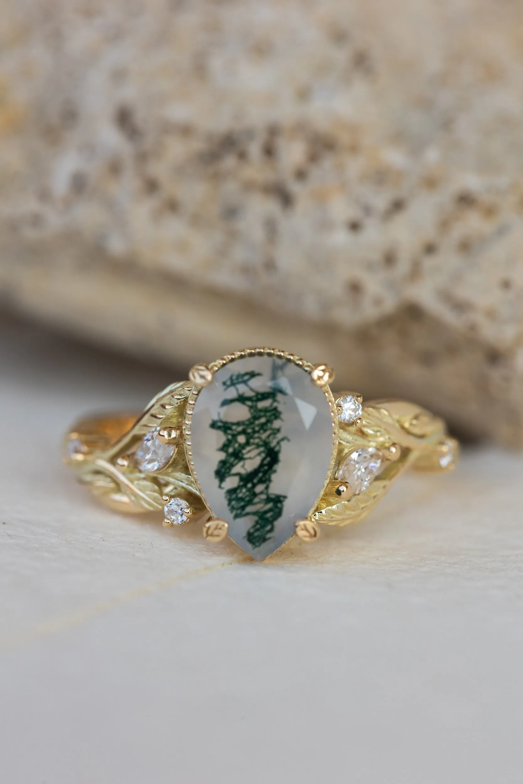 READY TO SHIP: Patricia ring in 14K yellow gold, natural moss agate pear cut 10x7 mm, accent moissanites, AVAILABLE RING SIZES: 5.25-7.25US