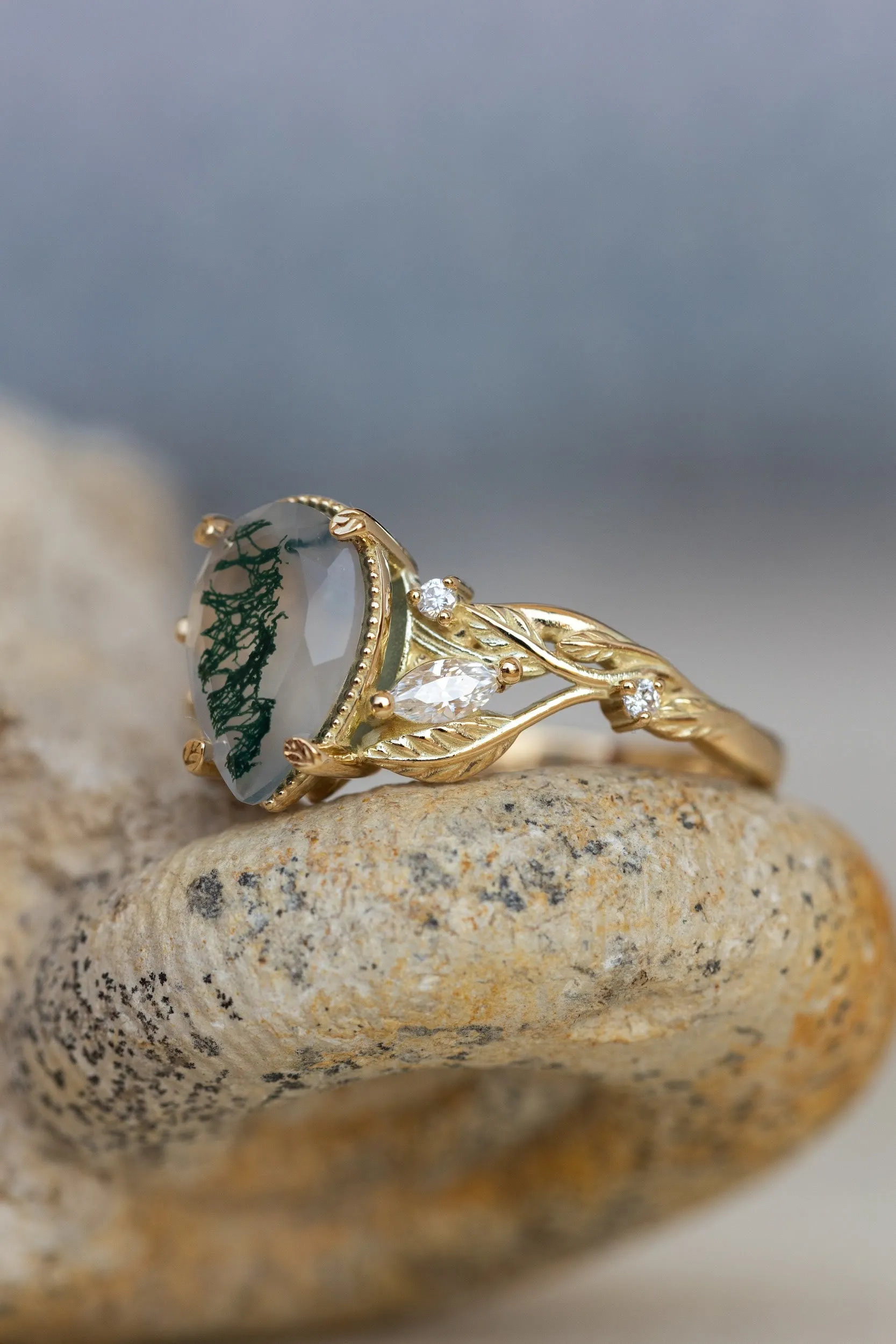 READY TO SHIP: Patricia ring in 14K yellow gold, natural moss agate pear cut 10x7 mm, accent moissanites, AVAILABLE RING SIZES: 5.25-7.25US