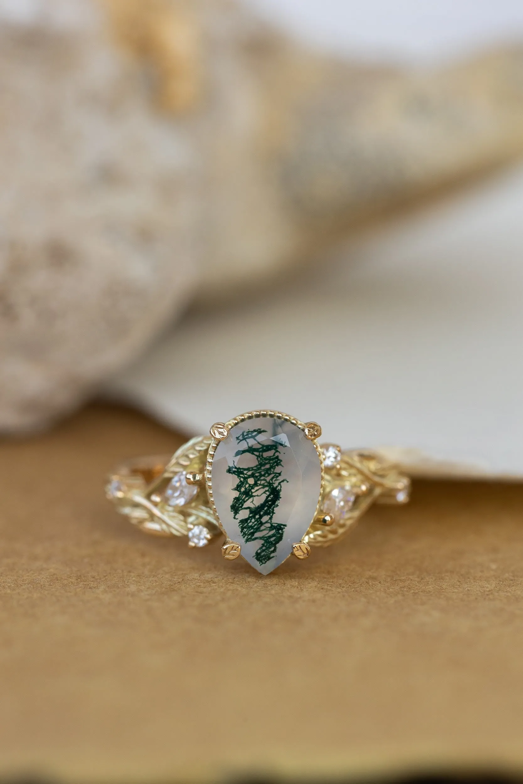 READY TO SHIP: Patricia ring in 14K yellow gold, natural moss agate pear cut 10x7 mm, accent moissanites, AVAILABLE RING SIZES: 5.25-7.25US