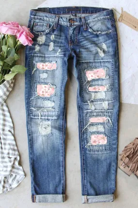 Ripped Distressed Skinny Jean Floral Print Denim Pants for Women